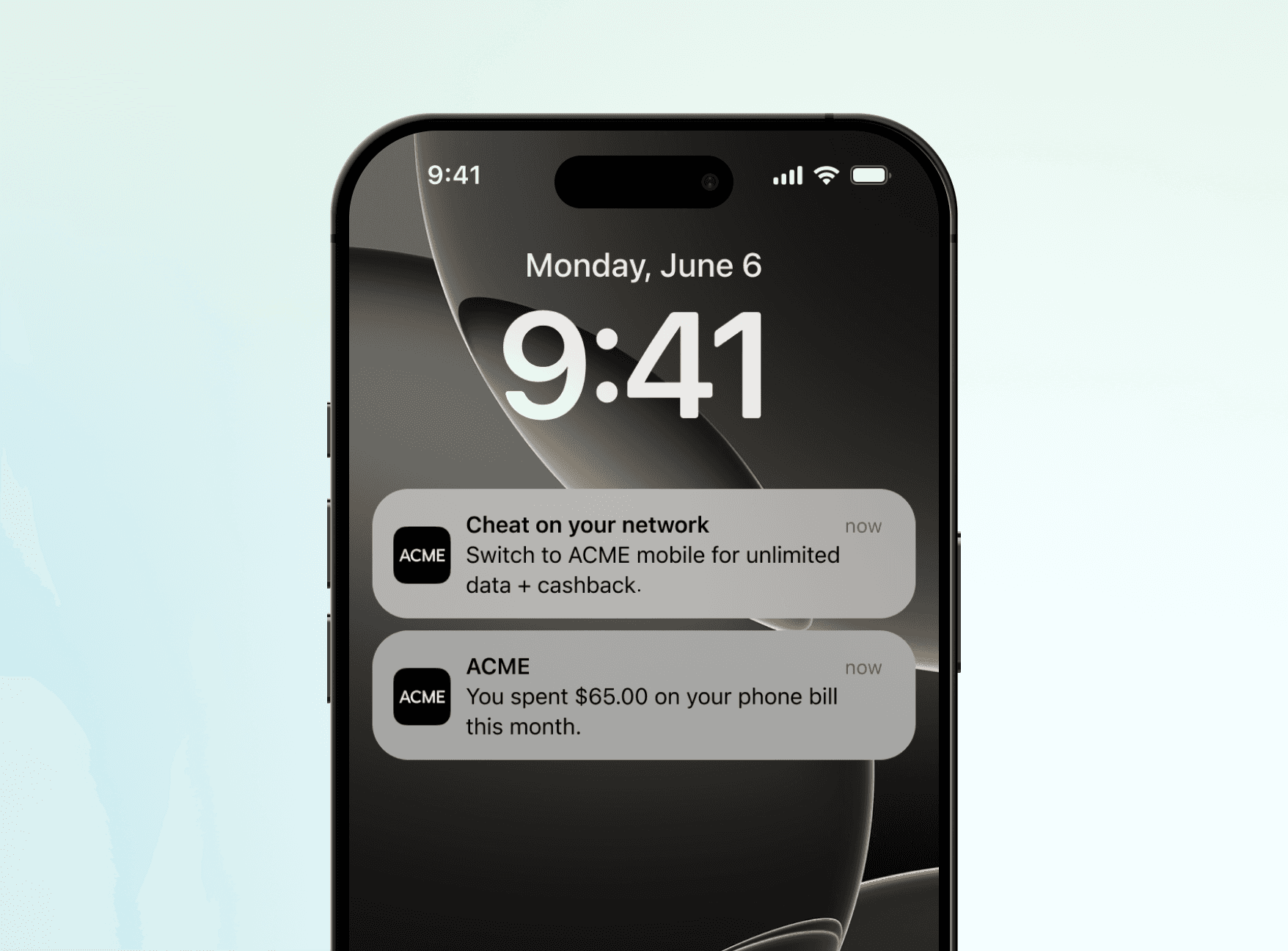 A phone showing notification from a fintech marketing their mobile network
