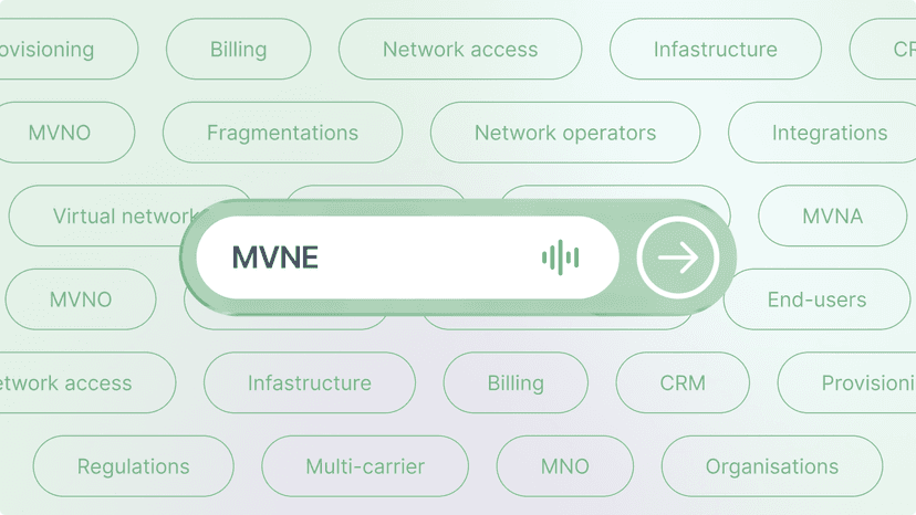 A search bar with the word 'MVNE' on a background of other telecom terms