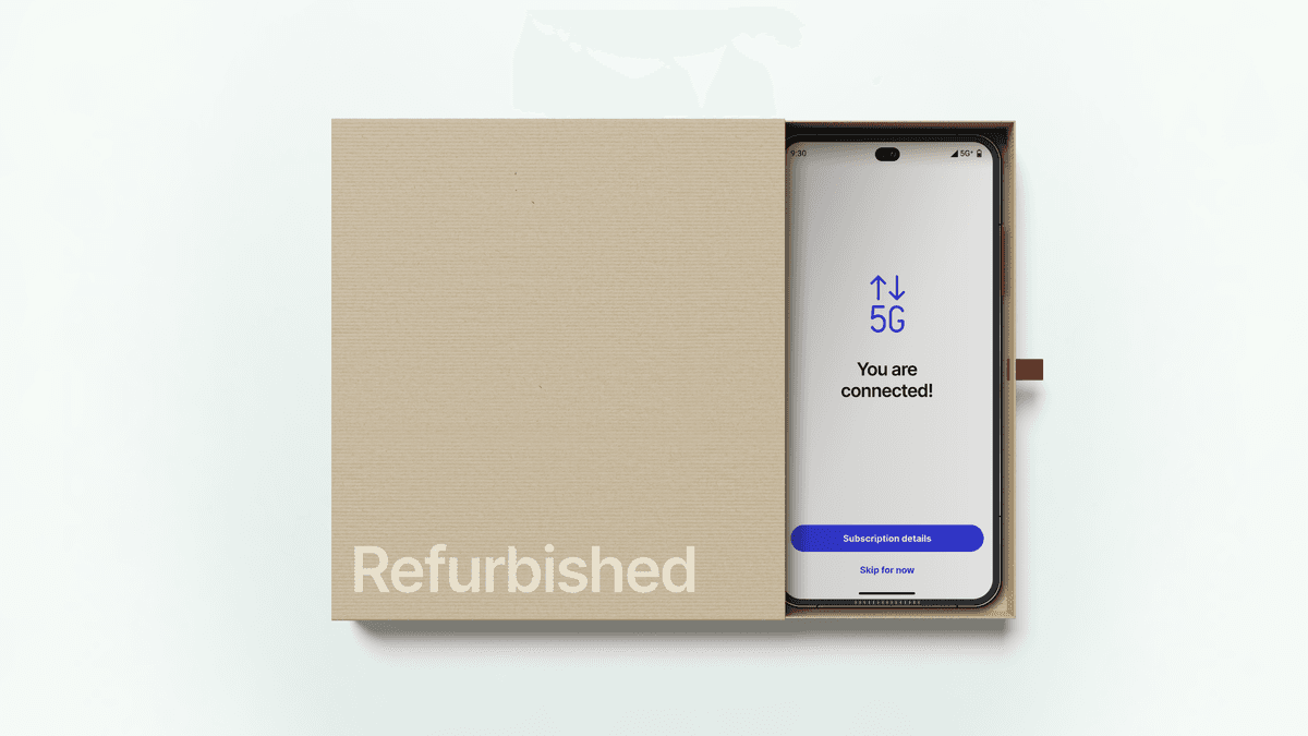A smartphone in a box with the word "refurbished" printed across it. On the smartphone screen, it says "you are connected!"