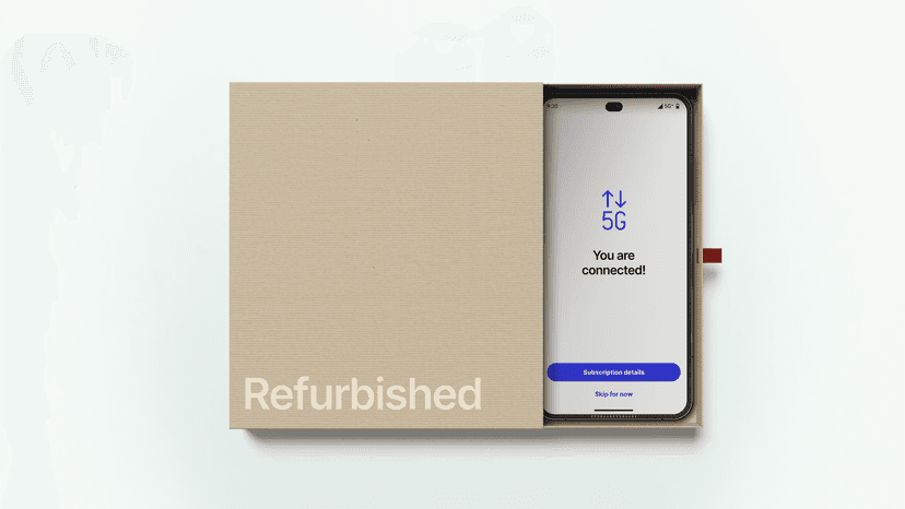 A smartphone in a box with the word "refurbished" printed across it. On the smartphone screen, it says "you are connected!"