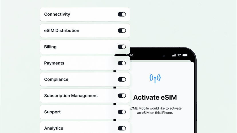 A smartphone with a popup saying 'activate eSIM' and a list of services businesses need in order to launch an MVNO, including connectivity, billing, and compliance