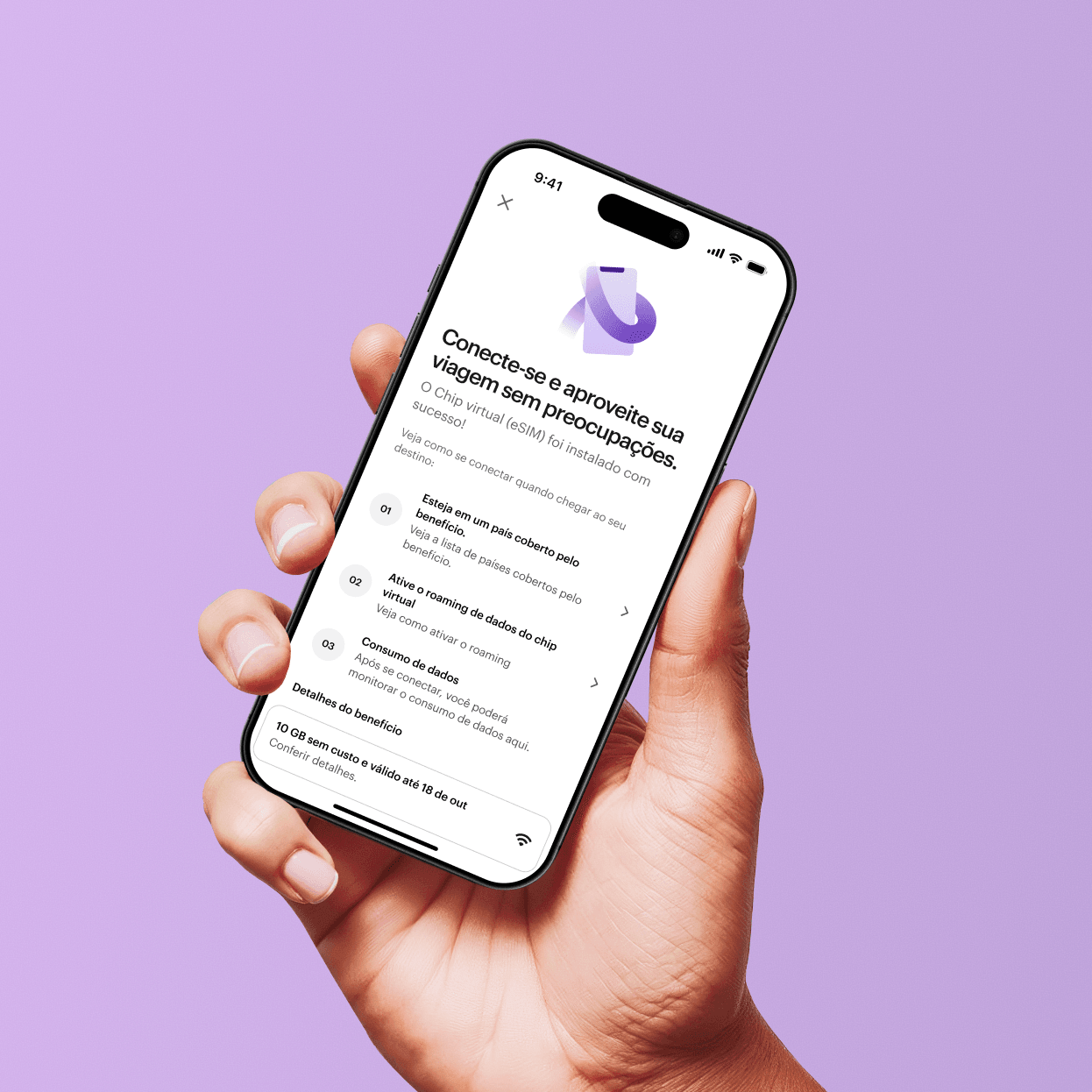 Hand holding a phone with Nubank's travel eSIM displayed on screen