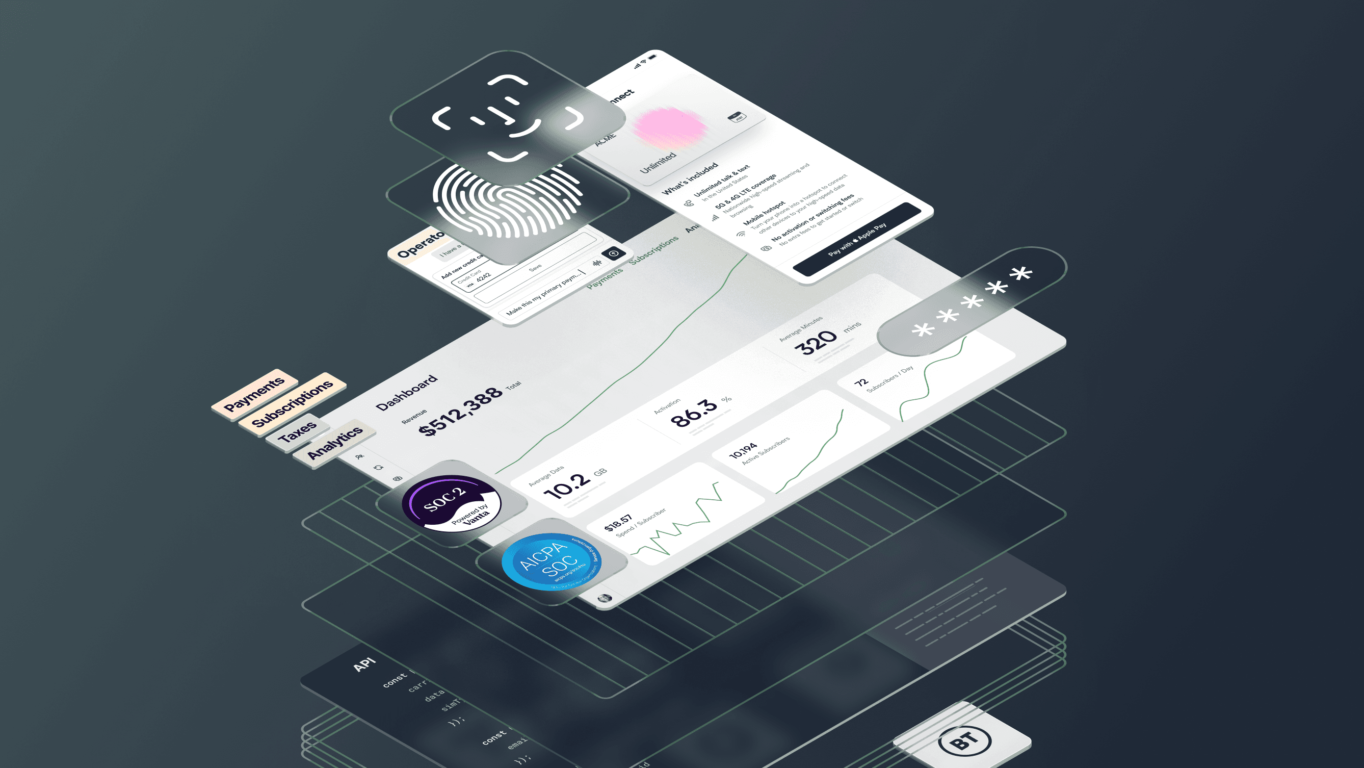 A digital illustration of layered financial and biometric data screens, featuring graphs, fingerprint, and facial recognition icons on a dark background.