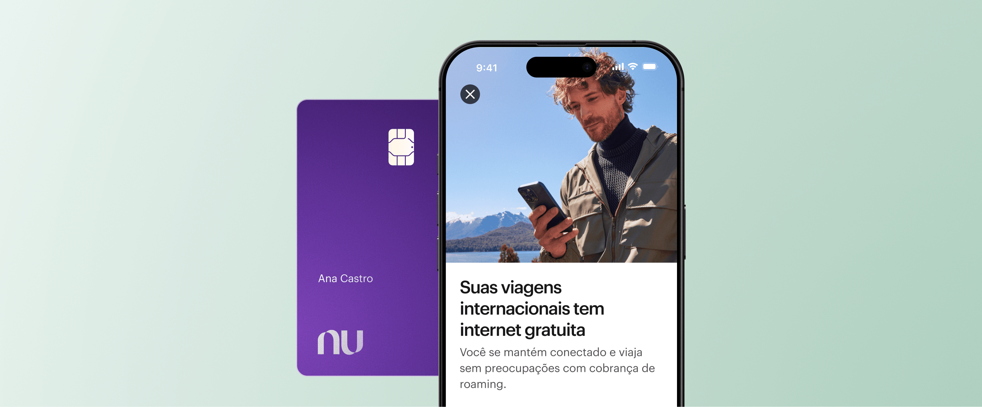 Nubank card + phone with eSIM on screen