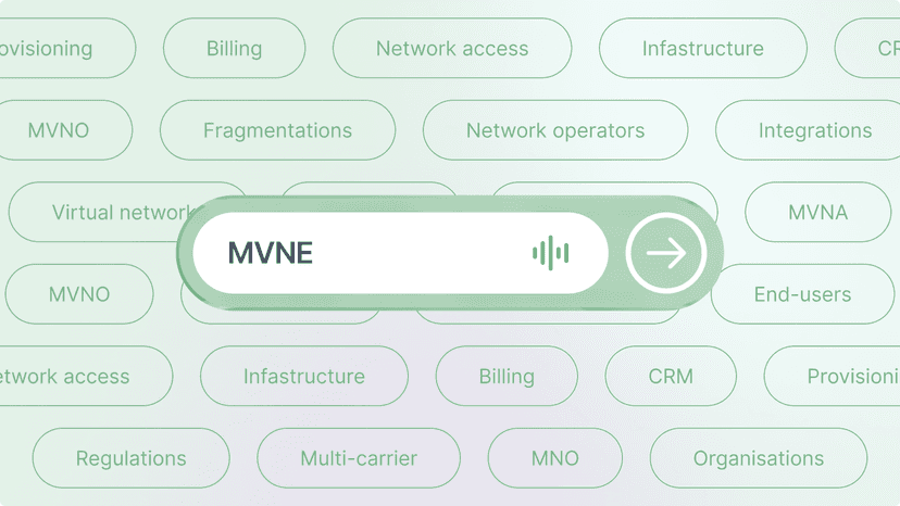 A search bar with the word 'MVNE' on a background of other telecom terms