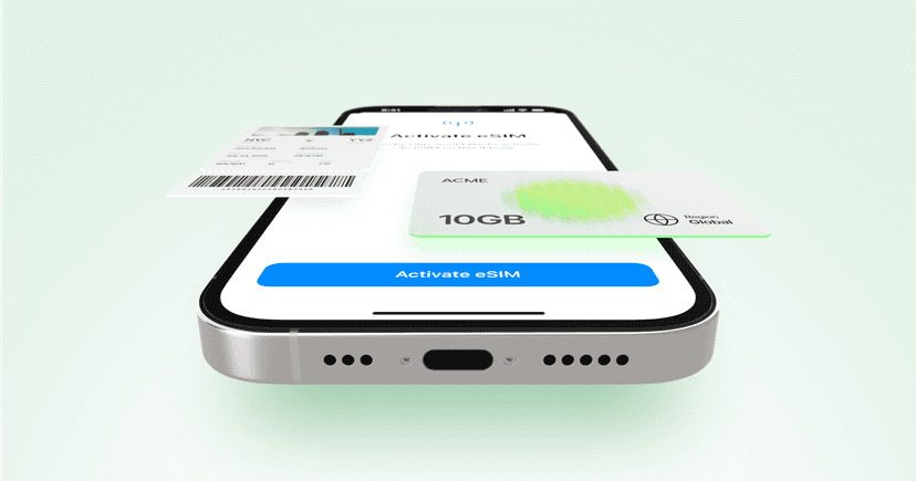 Image of smartphone with travel eSIM and boarding pass displayed on screen