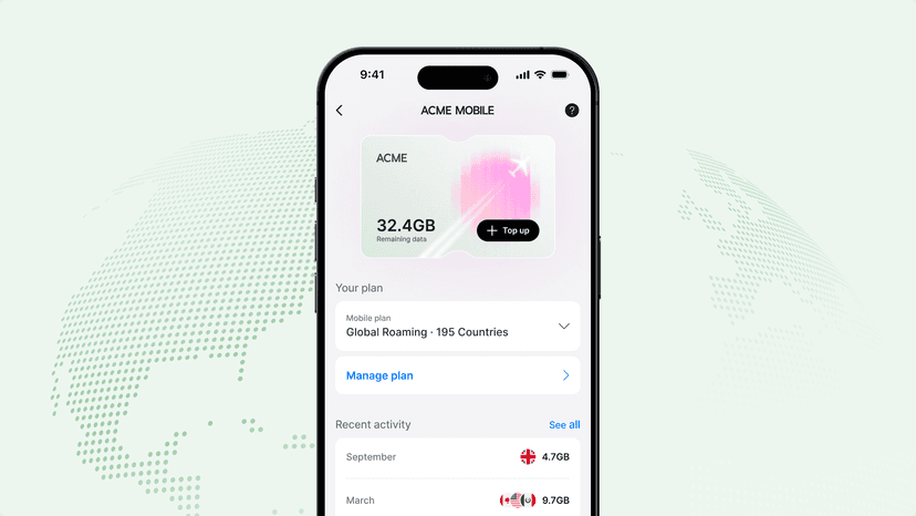 Smartphone displaying a mobile app interface with data usage, top-up option, and global roaming plan details against a faint world map background.