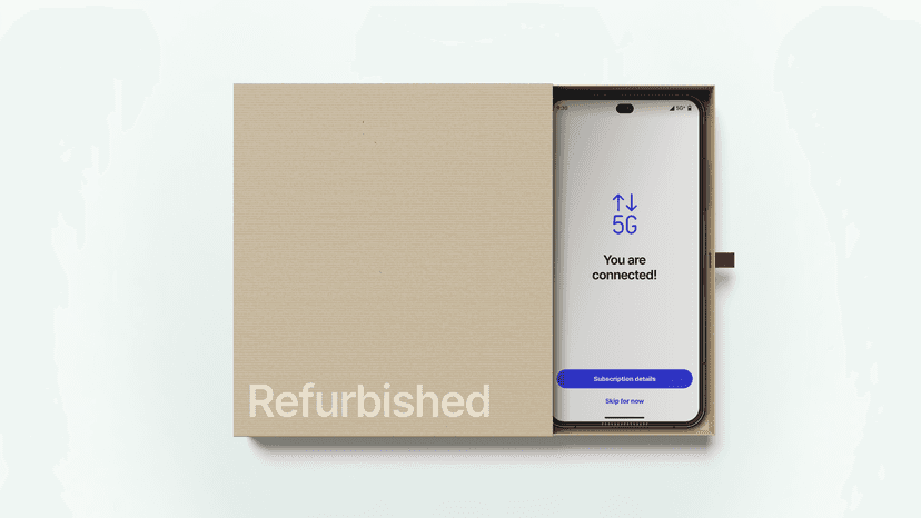 A smartphone in a box with the word "refurbished" printed across it. On the smartphone screen, it says "you are connected!"